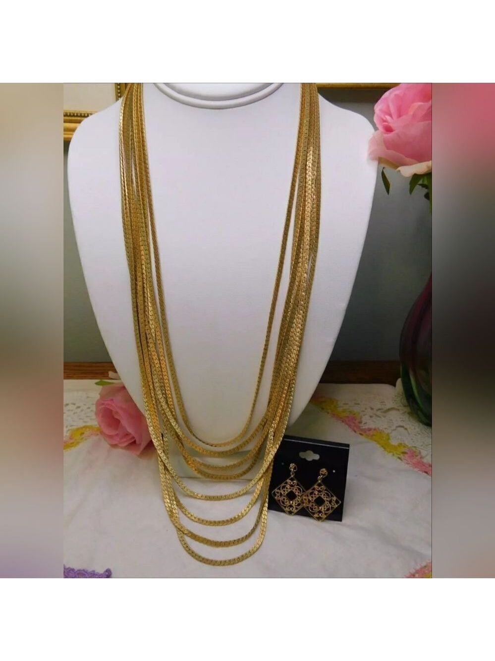 Monet Multi Chain Statement Necklace and Earrings Vintage Set